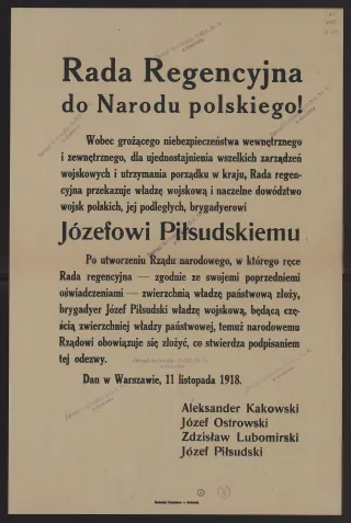 Powiększ obraz: Obwieszczenie Rady Regencyjnej o przekazaniu władzy Józefowi Piłsudskiemu