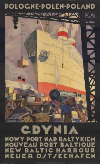 Powiększ obraz: Plakat z wizerunkiem statku w porcie 